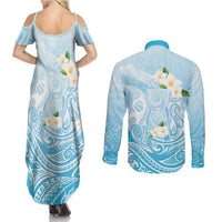 Guam Fishhook Mix Guasali Flowers Couples Matching Summer Maxi Dress and Long Sleeve Button Shirt Dreaming Turquoise
