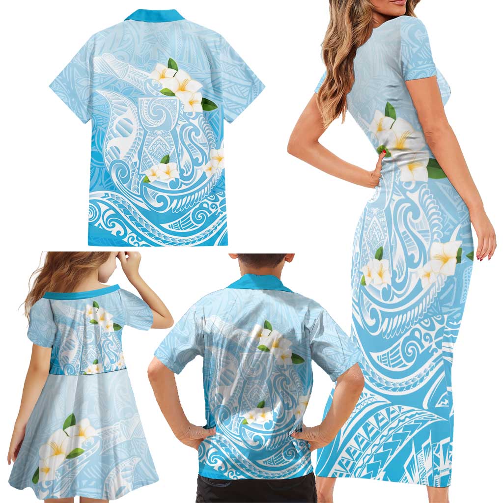 Guam Fishhook Mix Guasali Flowers Family Matching Short Sleeve Bodycon Dress and Hawaiian Shirt Dreaming Turquoise