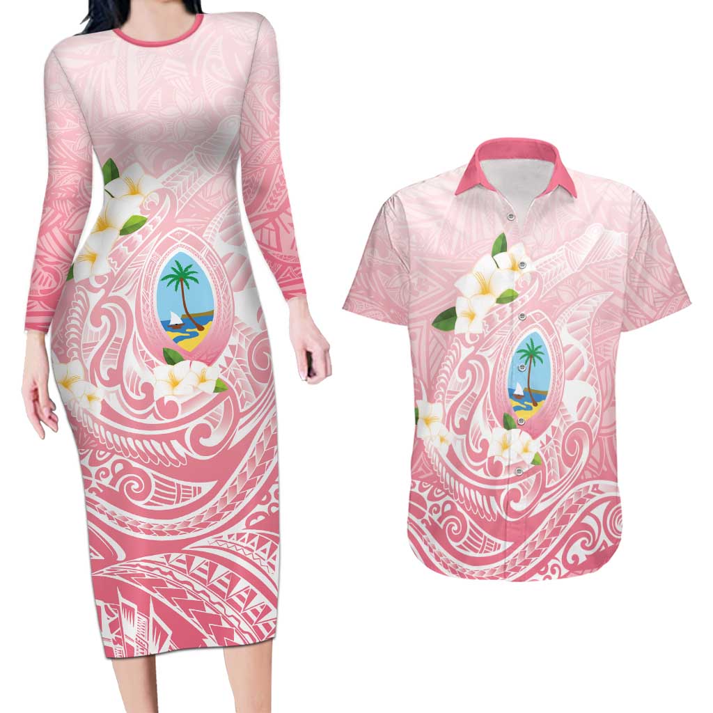 Guam Fishhook Mix Guasali Flowers Couples Matching Long Sleeve Bodycon Dress and Hawaiian Shirt Dreaming Coral LT7 Pink - Polynesian Pride
