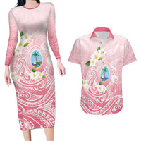 Guam Fishhook Mix Guasali Flowers Couples Matching Long Sleeve Bodycon Dress and Hawaiian Shirt Dreaming Coral LT7 Pink - Polynesian Pride
