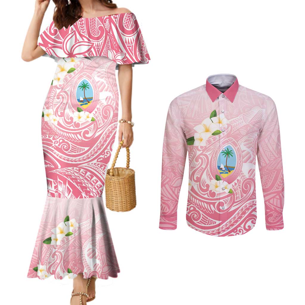 Guam Fishhook Mix Guasali Flowers Couples Matching Mermaid Dress and Long Sleeve Button Shirt Dreaming Coral LT7 Pink - Polynesian Pride