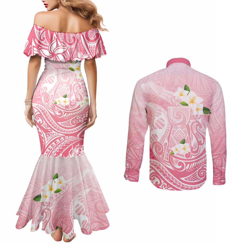 Guam Fishhook Mix Guasali Flowers Couples Matching Mermaid Dress and Long Sleeve Button Shirt Dreaming Coral LT7 - Polynesian Pride