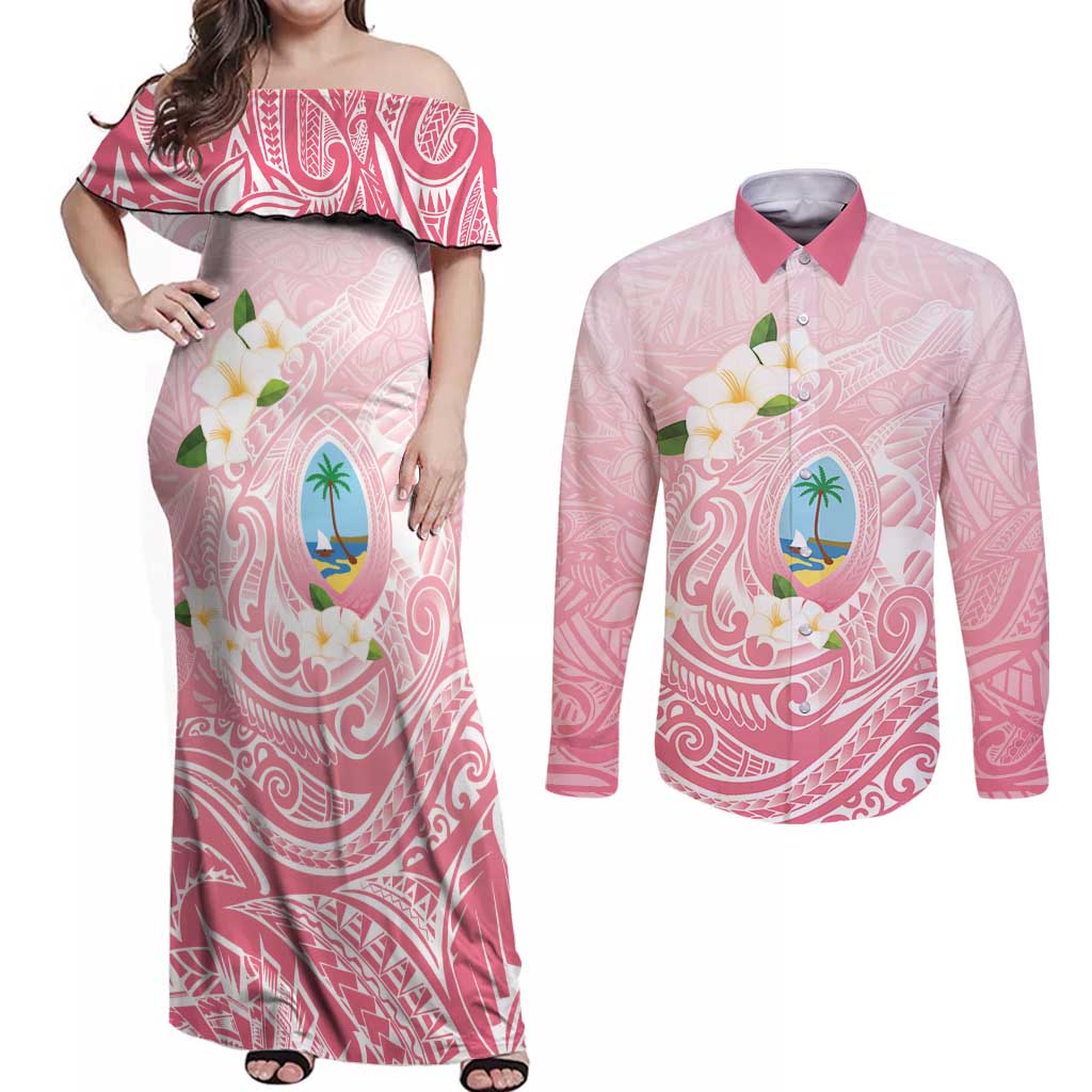 Guam Fishhook Mix Guasali Flowers Couples Matching Off Shoulder Maxi Dress and Long Sleeve Button Shirt Dreaming Coral