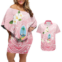 Guam Fishhook Mix Guasali Flowers Couples Matching Off Shoulder Short Dress and Hawaiian Shirt Dreaming Coral LT7 Pink - Polynesian Pride