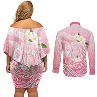 Guam Fishhook Mix Guasali Flowers Couples Matching Off Shoulder Short Dress and Long Sleeve Button Shirt Dreaming Coral LT7 - Polynesian Pride