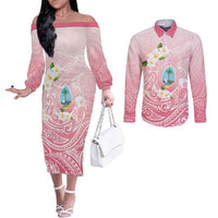 Guam Fishhook Mix Guasali Flowers Couples Matching Off The Shoulder Long Sleeve Dress and Long Sleeve Button Shirt Dreaming Coral LT7 Pink - Polynesian Pride