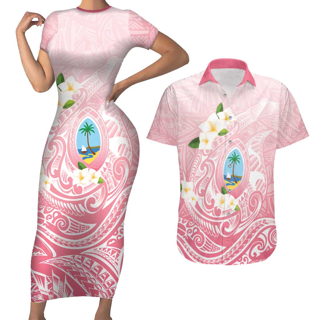 Guam Fishhook Mix Guasali Flowers Couples Matching Short Sleeve Bodycon Dress and Hawaiian Shirt Dreaming Coral LT7 Pink - Polynesian Pride