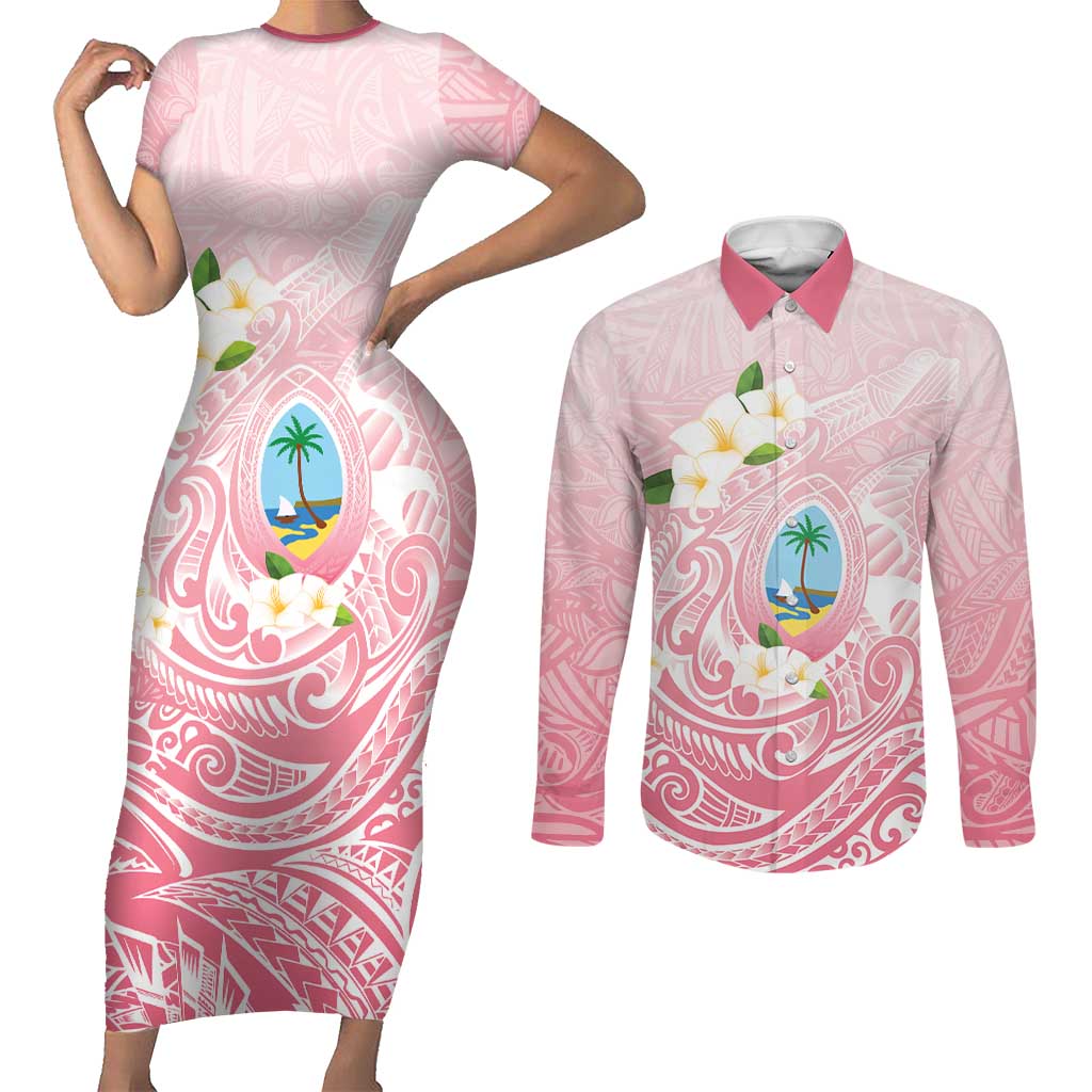 Guam Fishhook Mix Guasali Flowers Couples Matching Short Sleeve Bodycon Dress and Long Sleeve Button Shirt Dreaming Coral LT7 Pink - Polynesian Pride