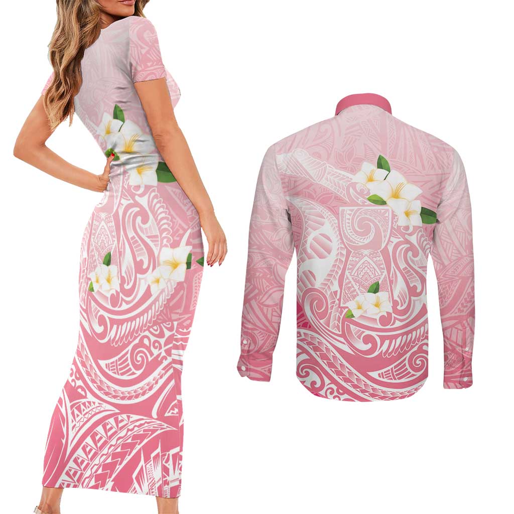 Guam Fishhook Mix Guasali Flowers Couples Matching Short Sleeve Bodycon Dress and Long Sleeve Button Shirt Dreaming Coral LT7 - Polynesian Pride