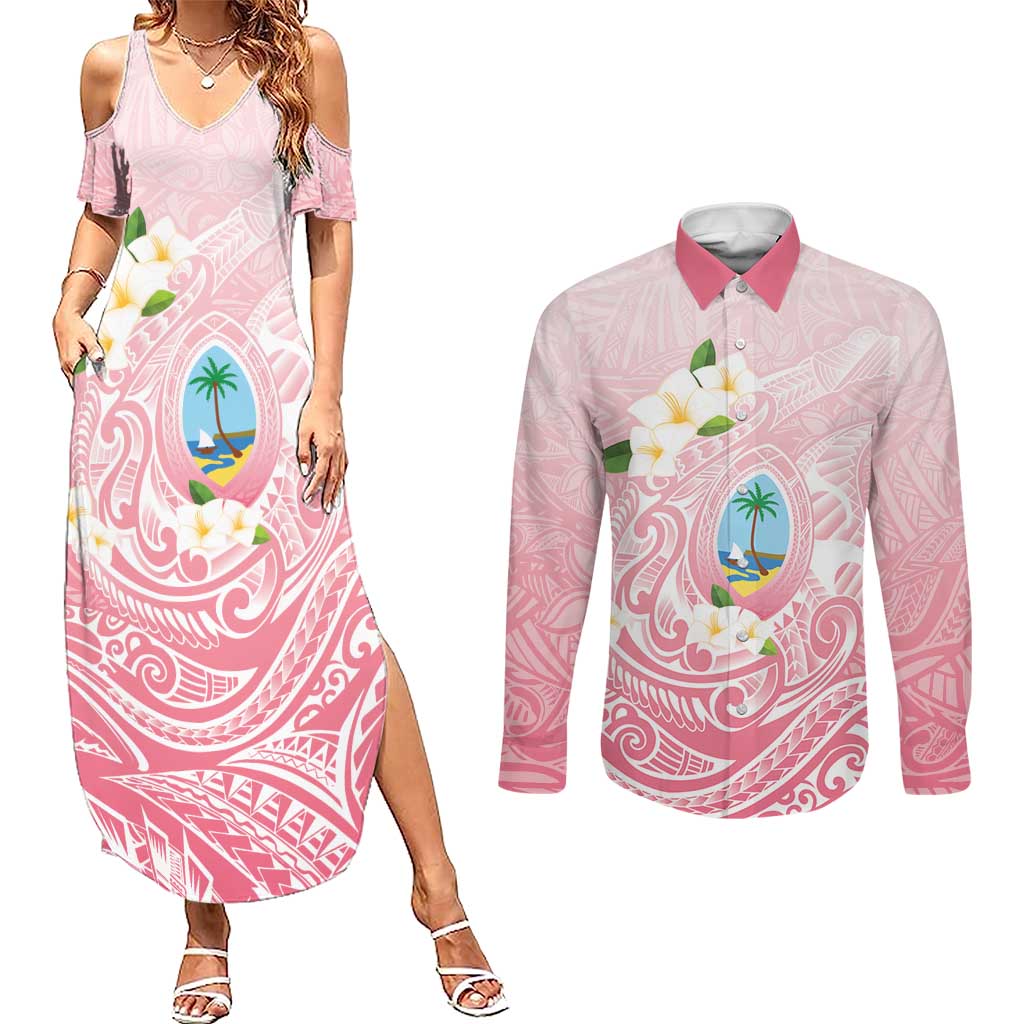 Guam Fishhook Mix Guasali Flowers Couples Matching Summer Maxi Dress and Long Sleeve Button Shirt Dreaming Coral LT7 Pink - Polynesian Pride