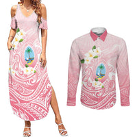 Guam Fishhook Mix Guasali Flowers Couples Matching Summer Maxi Dress and Long Sleeve Button Shirt Dreaming Coral LT7 Pink - Polynesian Pride