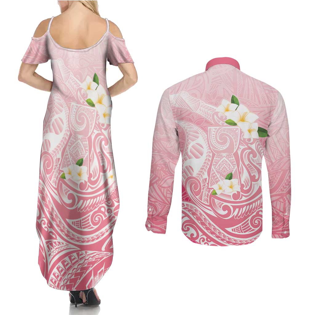 Guam Fishhook Mix Guasali Flowers Couples Matching Summer Maxi Dress and Long Sleeve Button Shirt Dreaming Coral LT7 - Polynesian Pride