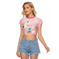 Guam Fishhook Mix Guasali Flowers Raglan Cropped T Shirt Dreaming Coral LT7 Female Pink - Polynesian Pride