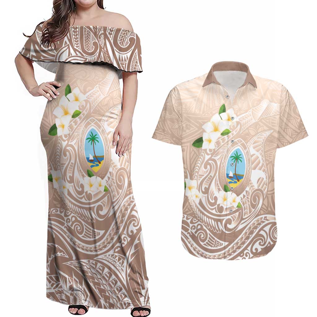 Guam Fishhook Mix Guasali Flowers Couples Matching Off Shoulder Maxi Dress and Hawaiian Shirt Dreaming Hazel LT7 Beige - Polynesian Pride