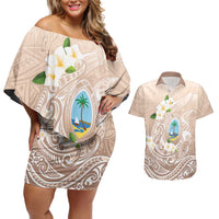 Guam Fishhook Mix Guasali Flowers Couples Matching Off Shoulder Short Dress and Hawaiian Shirt Dreaming Hazel LT7 Beige - Polynesian Pride