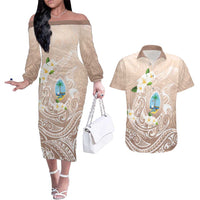 Guam Fishhook Mix Guasali Flowers Couples Matching Off The Shoulder Long Sleeve Dress and Hawaiian Shirt Dreaming Hazel LT7 Beige - Polynesian Pride