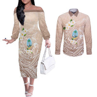 Guam Fishhook Mix Guasali Flowers Couples Matching Off The Shoulder Long Sleeve Dress and Long Sleeve Button Shirt Dreaming Hazel LT7 Beige - Polynesian Pride