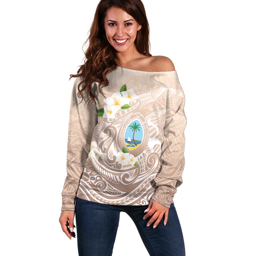 Guam Fishhook Mix Guasali Flowers Off Shoulder Sweater Dreaming Hazel LT7 Women Beige - Polynesian Pride