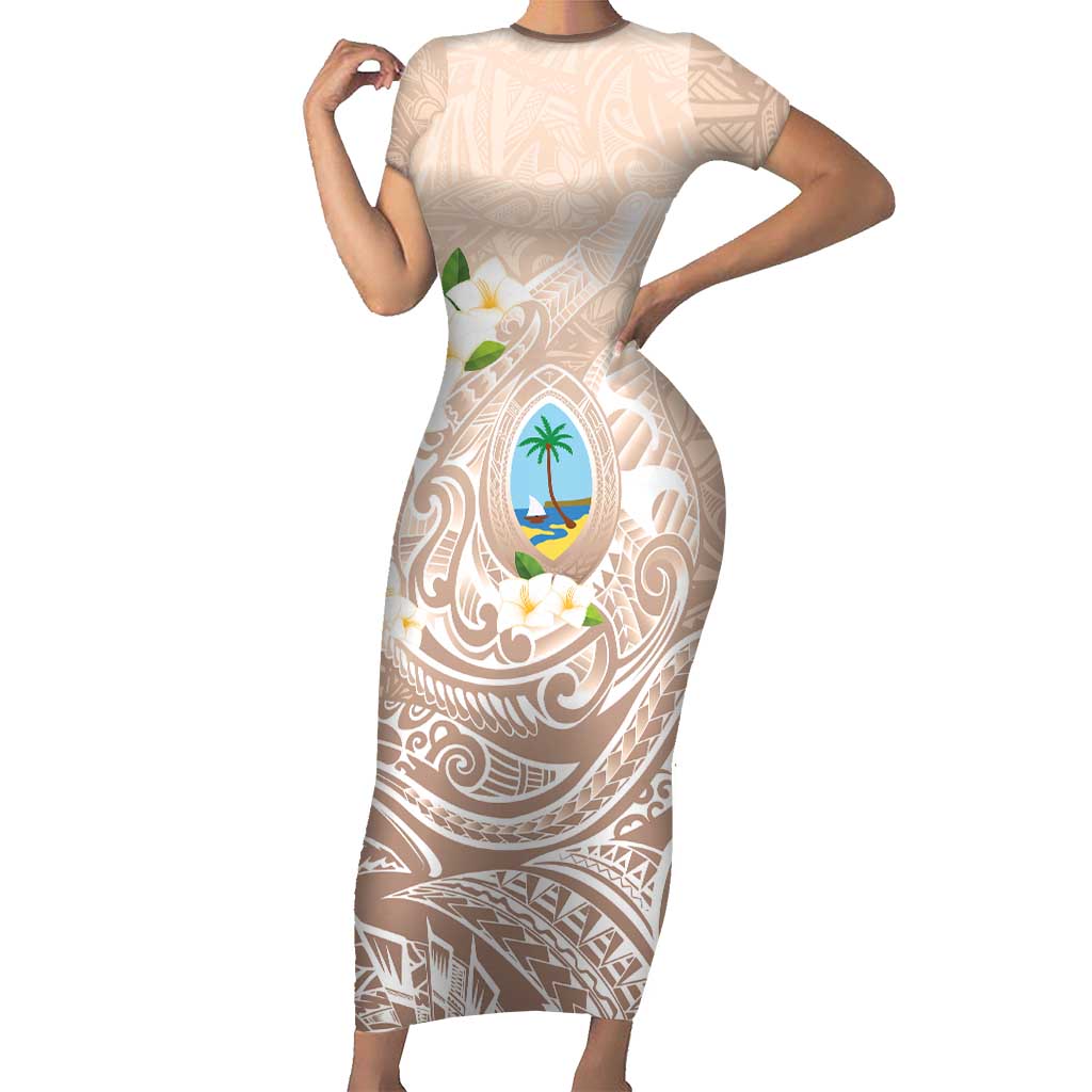 Guam Fishhook Mix Guasali Flowers Short Sleeve Bodycon Dress Dreaming Hazel LT7 Long Dress Beige - Polynesian Pride