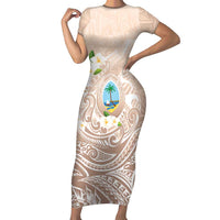 Guam Fishhook Mix Guasali Flowers Short Sleeve Bodycon Dress Dreaming Hazel LT7 Long Dress Beige - Polynesian Pride