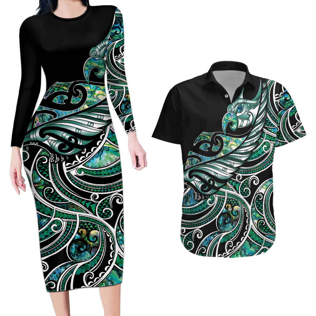 Maori Matariki - Manaia Couples Matching Long Sleeve Bodycon Dress and Hawaiian Shirt Emerald Paua Shell LT7 Green - Polynesian Pride