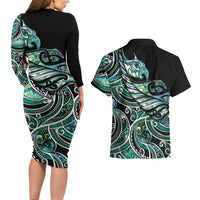 Maori Matariki - Manaia Couples Matching Long Sleeve Bodycon Dress and Hawaiian Shirt Emerald Paua Shell LT7 - Polynesian Pride