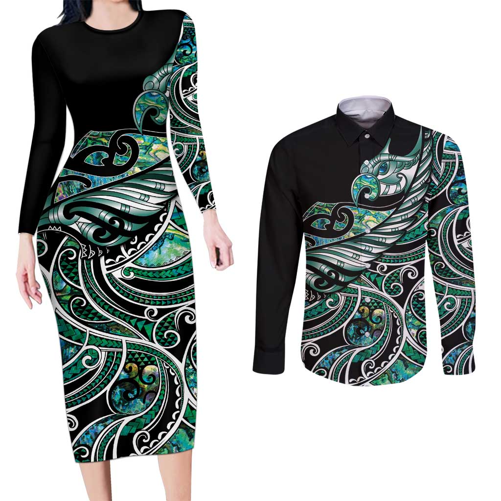 Maori Matariki - Manaia Couples Matching Long Sleeve Bodycon Dress and Long Sleeve Button Shirt Emerald Paua Shell