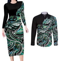 Maori Matariki - Manaia Couples Matching Long Sleeve Bodycon Dress and Long Sleeve Button Shirt Emerald Paua Shell
