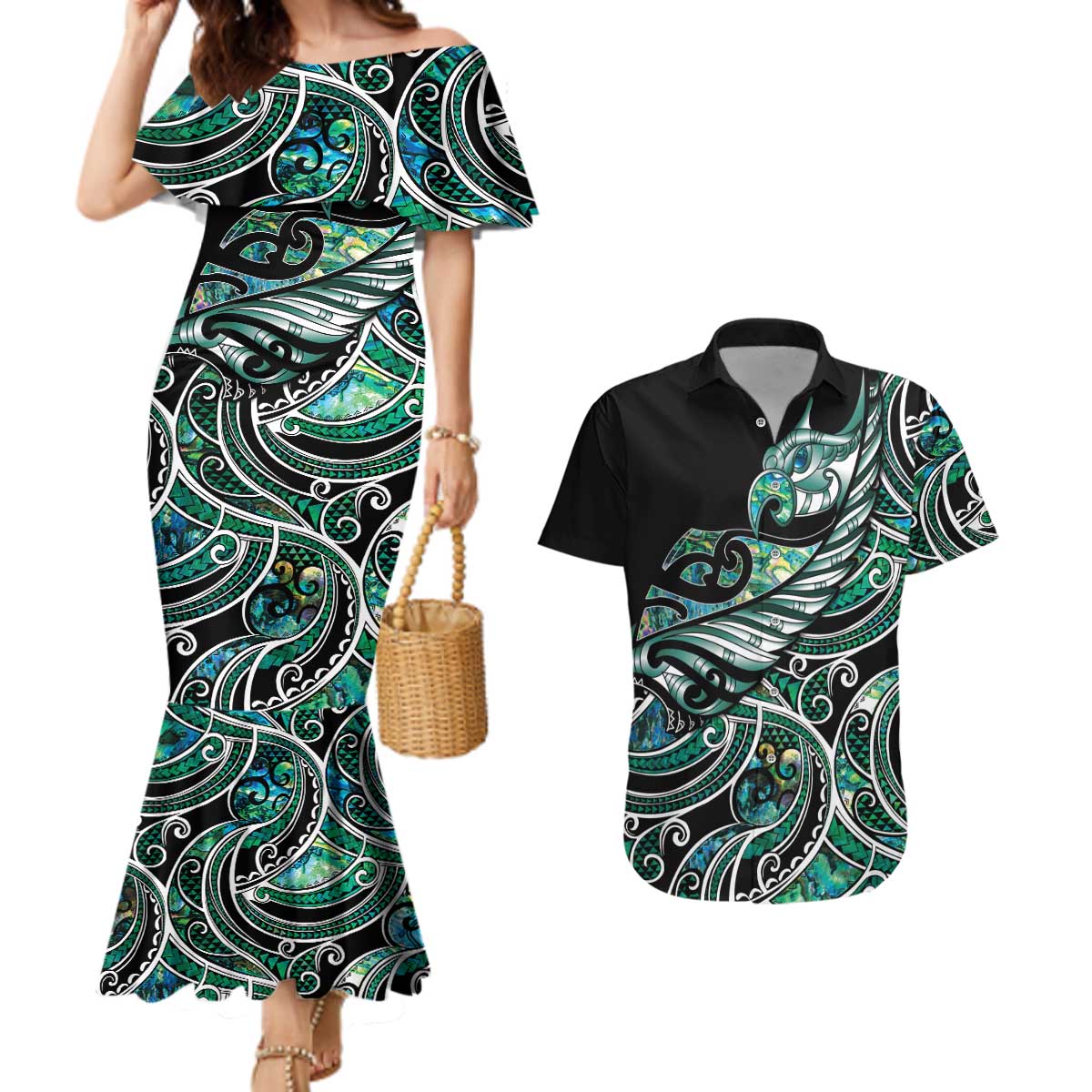 Maori Matariki - Manaia Couples Matching Mermaid Dress and Hawaiian Shirt Emerald Paua Shell LT7 Green - Polynesian Pride