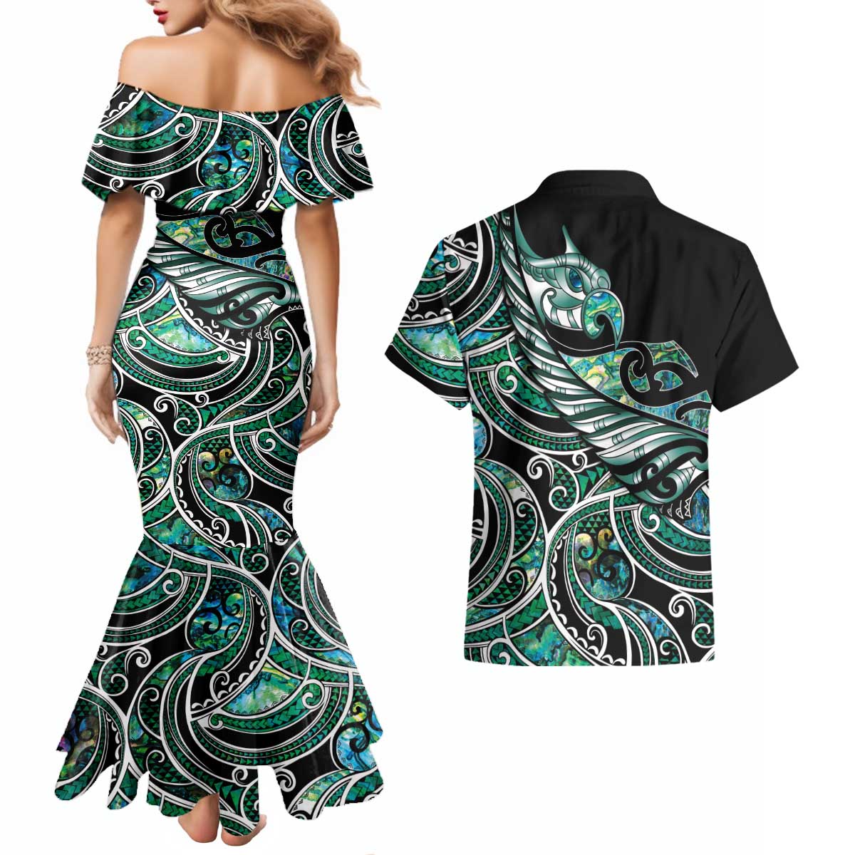 Maori Matariki - Manaia Couples Matching Mermaid Dress and Hawaiian Shirt Emerald Paua Shell