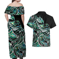 Maori Matariki - Manaia Couples Matching Off Shoulder Maxi Dress and Hawaiian Shirt Emerald Paua Shell