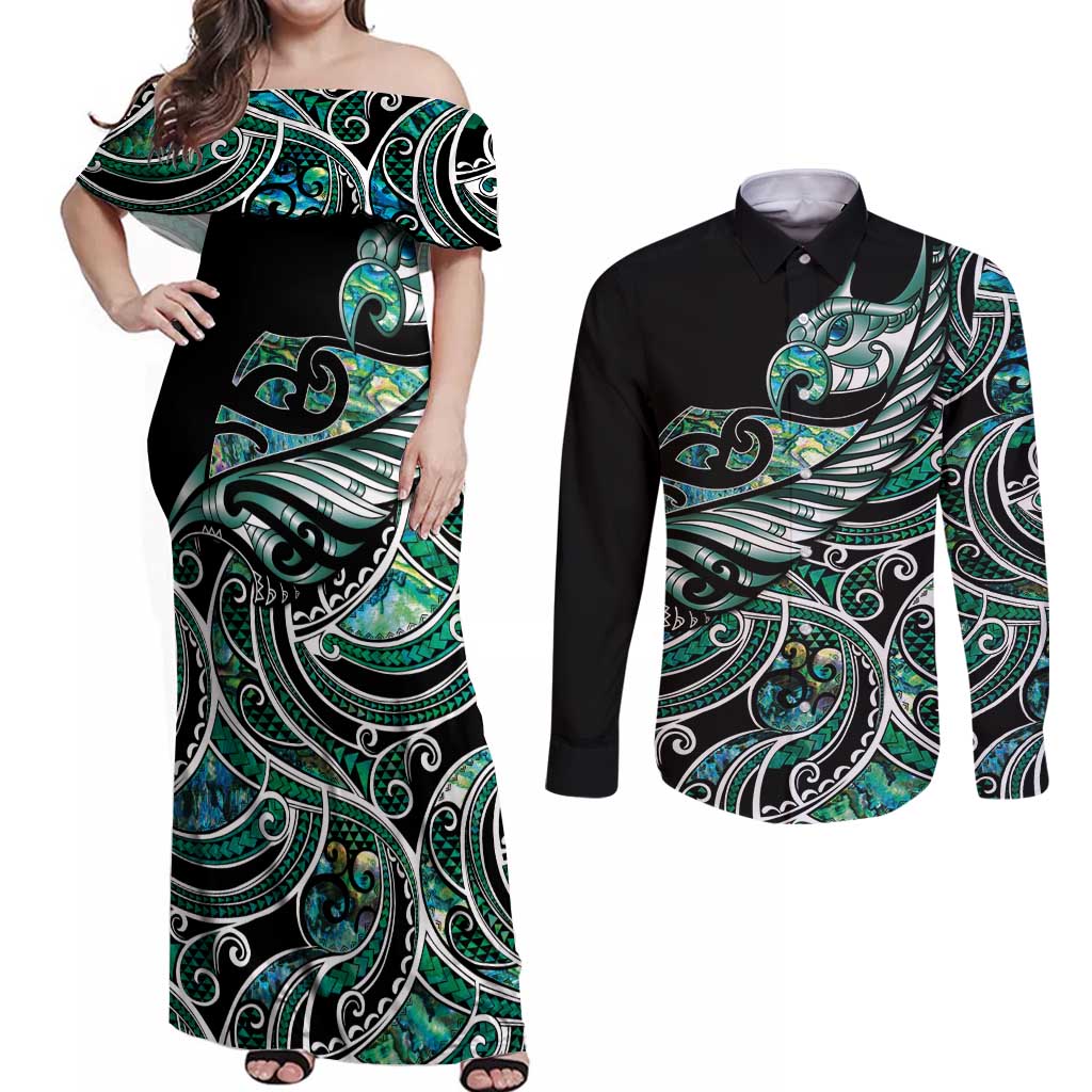 Maori Matariki - Manaia Couples Matching Off Shoulder Maxi Dress and Long Sleeve Button Shirt Emerald Paua Shell