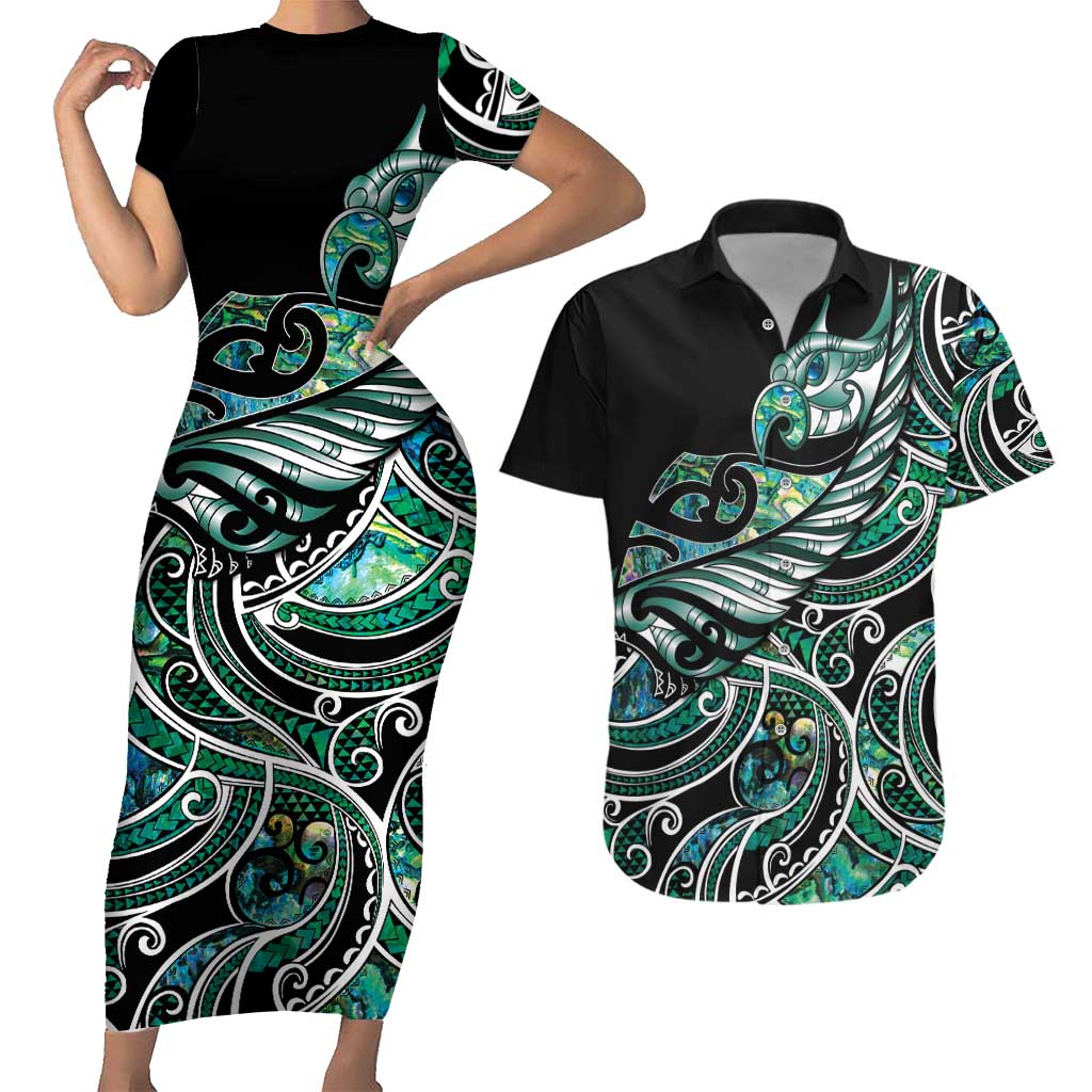 Maori Matariki - Manaia Couples Matching Short Sleeve Bodycon Dress and Hawaiian Shirt Emerald Paua Shell LT7 Green - Polynesian Pride