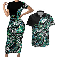 Maori Matariki - Manaia Couples Matching Short Sleeve Bodycon Dress and Hawaiian Shirt Emerald Paua Shell LT7 Green - Polynesian Pride