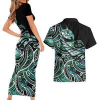 Maori Matariki - Manaia Couples Matching Short Sleeve Bodycon Dress and Hawaiian Shirt Emerald Paua Shell LT7 - Polynesian Pride