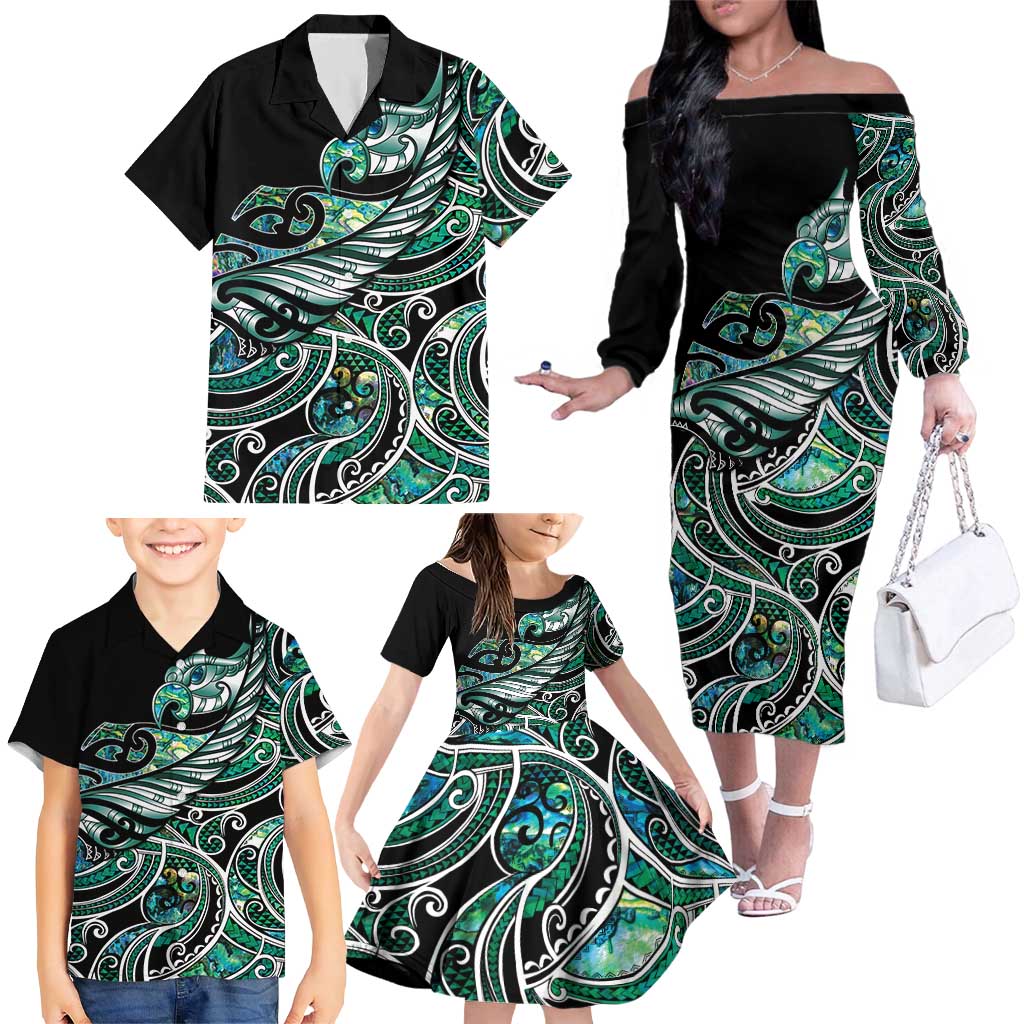 Maori Matariki - Manaia Family Matching Off The Shoulder Long Sleeve Dress and Hawaiian Shirt Emerald Paua Shell LT7 - Polynesian Pride
