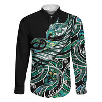 Maori Matariki - Manaia Family Matching Off Shoulder Maxi Dress and Hawaiian Shirt Emerald Paua Shell LT7 Dad's Shirt - Long Sleeve Green - Polynesian Pride