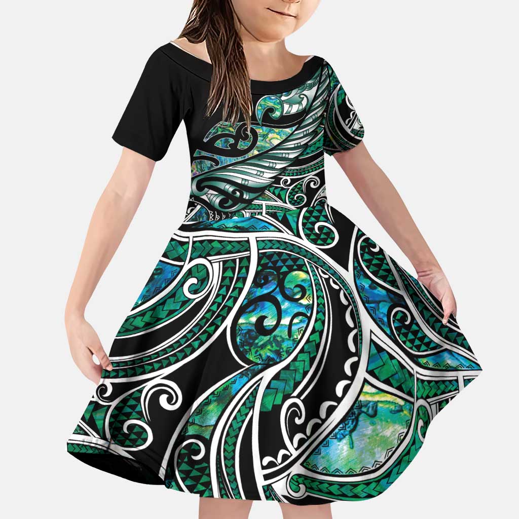 Maori Matariki - Manaia Family Matching Off Shoulder Short Dress and Hawaiian Shirt Emerald Paua Shell LT7 Daughter's Dress Green - Polynesian Pride