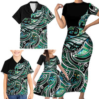 Maori Matariki - Manaia Family Matching Short Sleeve Bodycon Dress and Hawaiian Shirt Emerald Paua Shell LT7 - Polynesian Pride