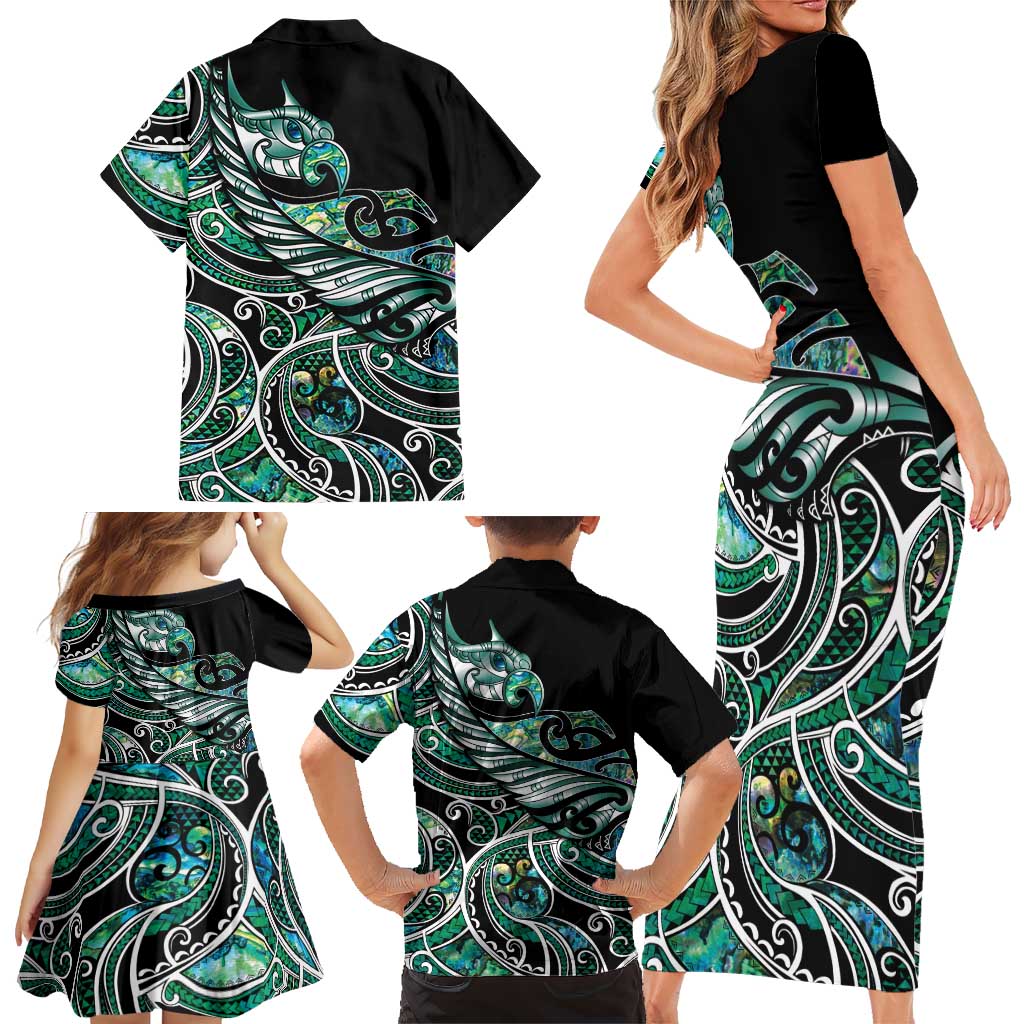 Maori Matariki - Manaia Family Matching Short Sleeve Bodycon Dress and Hawaiian Shirt Emerald Paua Shell LT7 - Polynesian Pride
