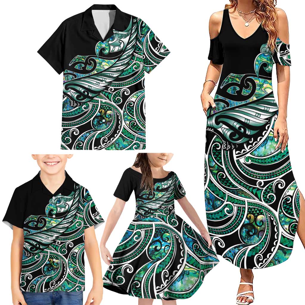 Maori Matariki - Manaia Family Matching Summer Maxi Dress and Hawaiian Shirt Emerald Paua Shell LT7 - Polynesian Pride