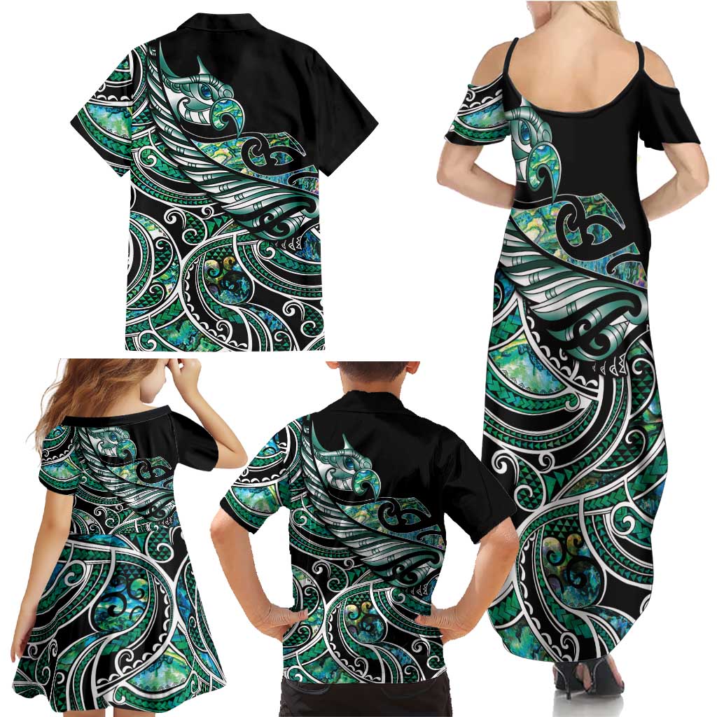 Maori Matariki - Manaia Family Matching Summer Maxi Dress and Hawaiian Shirt Emerald Paua Shell LT7 - Polynesian Pride