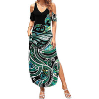 Maori Matariki - Manaia Family Matching Summer Maxi Dress and Hawaiian Shirt Emerald Paua Shell LT7 Mom's Dress Green - Polynesian Pride