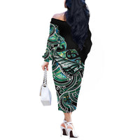 Maori Matariki - Manaia Off The Shoulder Long Sleeve Dress Emerald Paua Shell