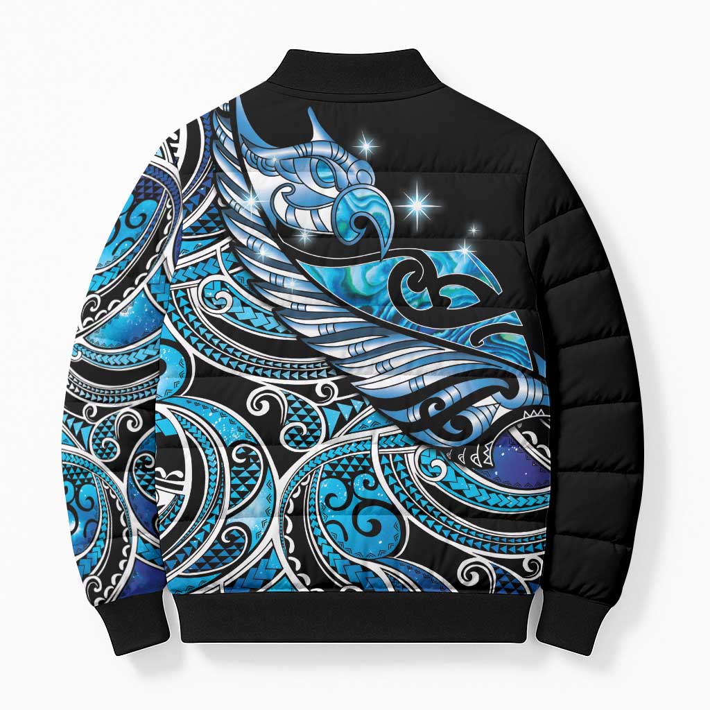 Maori Matariki - Manaia Bomber Puffer Jacket Galaxy Blue Paua Shell