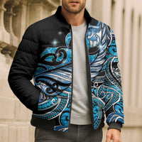 Maori Matariki - Manaia Bomber Puffer Jacket Galaxy Blue Paua Shell