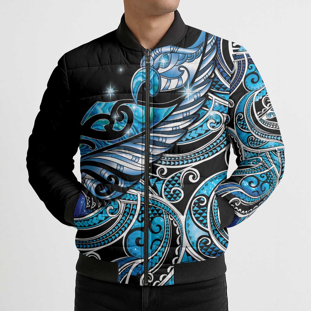Maori Matariki - Manaia Bomber Puffer Jacket Galaxy Blue Paua Shell