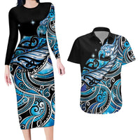 Maori Matariki - Manaia Couples Matching Long Sleeve Bodycon Dress and Hawaiian Shirt Galaxy Blue Paua Shell LT7 Blue - Polynesian Pride