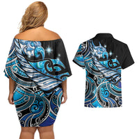 Maori Matariki - Manaia Couples Matching Off Shoulder Short Dress and Hawaiian Shirt Galaxy Blue Paua Shell