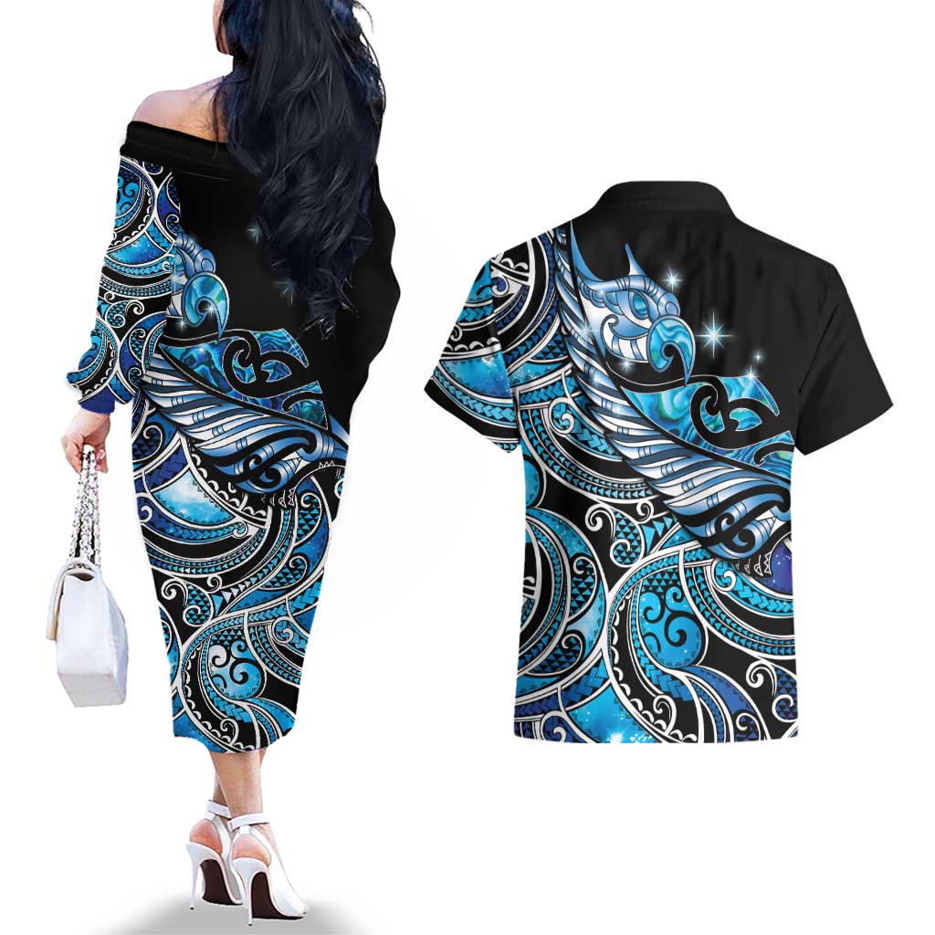 Maori Matariki - Manaia Couples Matching Off The Shoulder Long Sleeve Dress and Hawaiian Shirt Galaxy Blue Paua Shell LT7 - Polynesian Pride
